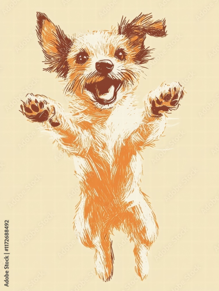 Aufkleber joyful puppy bouncing in delight against a soft beige background showing happiness and playfulness. 