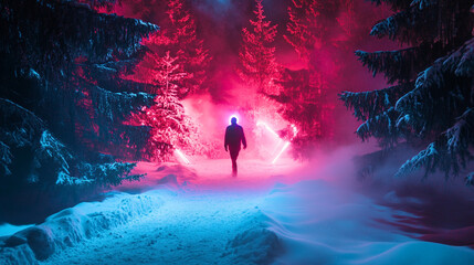 Fototapeta premium Mysterious figure walks through a snowy forest illuminated by vibrant lights at night