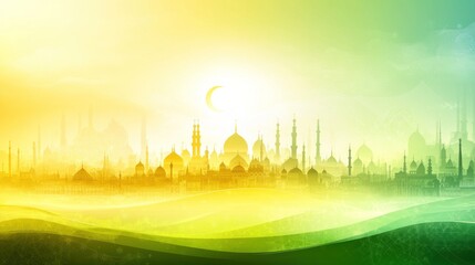 Silhouette of a city at sunset with a crescent moon.