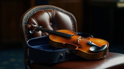 Obraz premium A close-up of a violin case resting on a leather chair, with a glimpse of elegant concert attire nearby