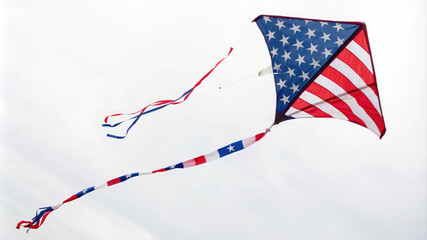 An American flag kite soars through the sky, carrying the colors of the United States. It's a symbol of freedom and patriotism
