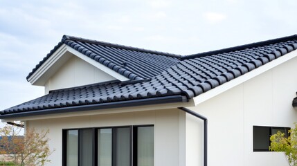 Modern house with a traditional tiled roof and large windows.