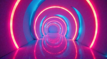 Naklejka premium Abstract Neon Tunnel with Pink and Blue Circular Lights Reflecting on a Polished Floor