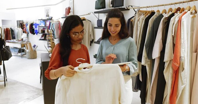 Two women, boutique store colleagues working together use digital tablet to check inventory product availability in warehouse, busy in stock management, planning task related to sales or online orders