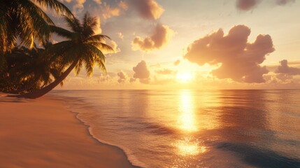 Idyllic sunset over a tranquil tropical beach with palm trees.