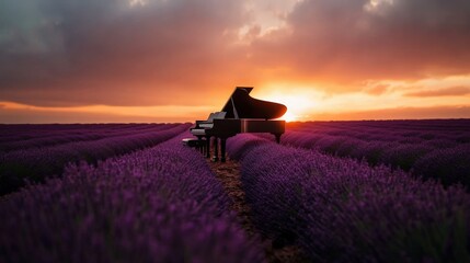 Fototapeta premium An ethereal image of a grand piano placed in the middle of a lavender field at sunrise
