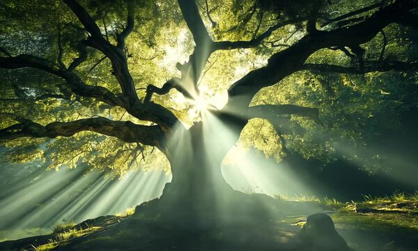Sunrays from a big tree in the misty morining