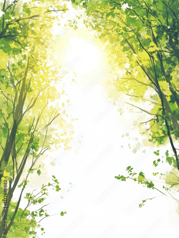 Poster Bright sunlight filters through lush green trees in a serene forest setting during the daytime. Generative AI