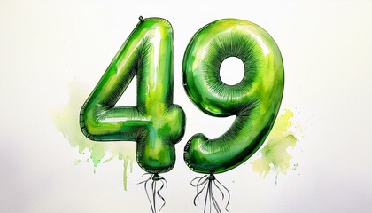 Green birthday / anniversary balloon, number 49, watercolor painting with white background