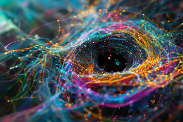 Illustration depiction theoretical scientific principles like quantum mechanics, data and science. Colorful threads surrounding a black hole..