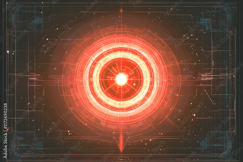 Poster abstract futuristic technology background with glowing red circular interface and digital lines. per