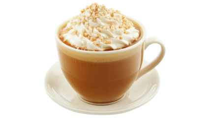 A tempting caramel latte with whipped cream on top, ideal for coffee lovers, isolated on transparent background