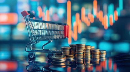 Shopping Cart with Coins on Digital Background
