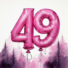 Pink birthday / anniversary balloon, number 49, watercolor painting with white background