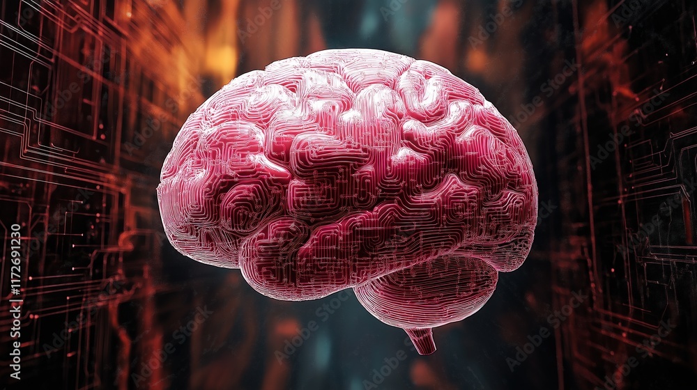 Aufkleber futuristic brain design with circuit patterns in vibrant pink and dark background