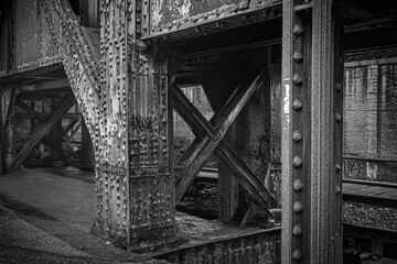 Detailed view of weathered steel beams supporting an old railway bridge in a historic industrial...