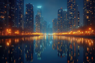 Obraz premium Night view of a modern city skyline reflected in a calm river with illuminated buildings and street lights