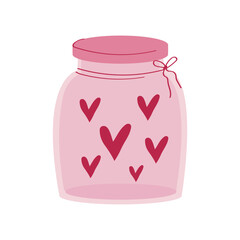 A cute pink jar filled with hearts. Valentine's Day concept. A glass container with love.