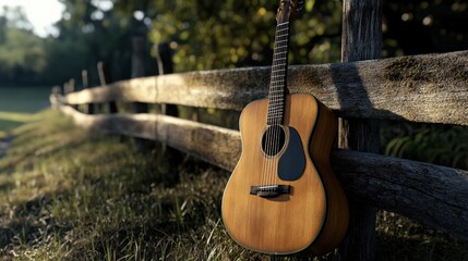 A rustic acoustic guitar leaning against a wooden fence in a serene countryside scene