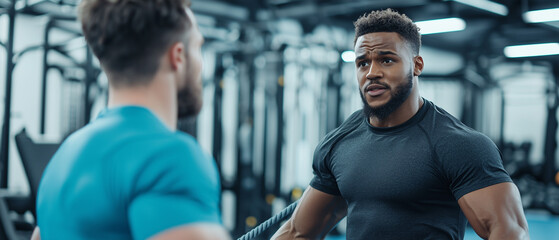 personal trainer motivates client during intense workout session in modern gym, focusing on strength and endurance training with battle ropes