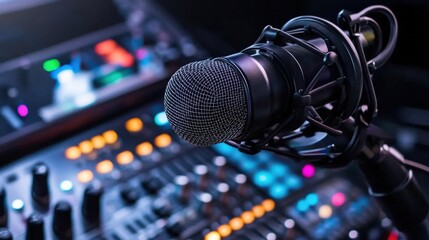 A recording studio with advanced equipment and a microphone ready for a session