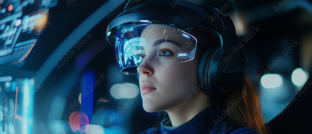 Aufkleber woman wearing futuristic augmented reality glasses operates high tech spaceship at midnight, surroun