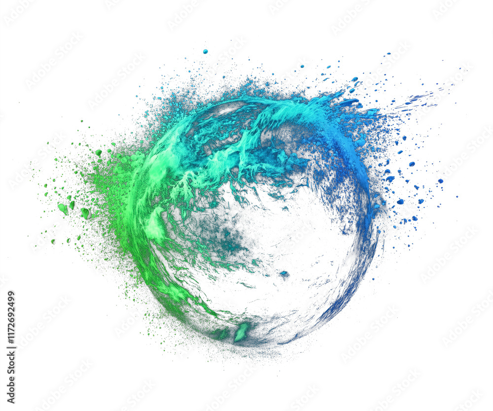 Aufkleber Aqua and neon green globe with dynamic glowing brush effects, creating vibrant splash of energy and motion against transparency background