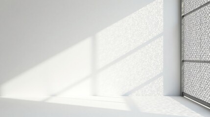 Minimalist interior room with patterned screen casting sunlight shadows