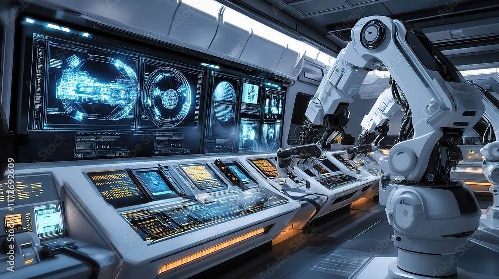 Poster advanced robotics lab with mechanical arm in high-tech environment