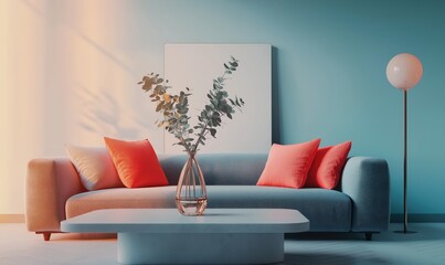 Generative AI, A minimalist living room with a curved sofa in muted blue-green and coral pillows