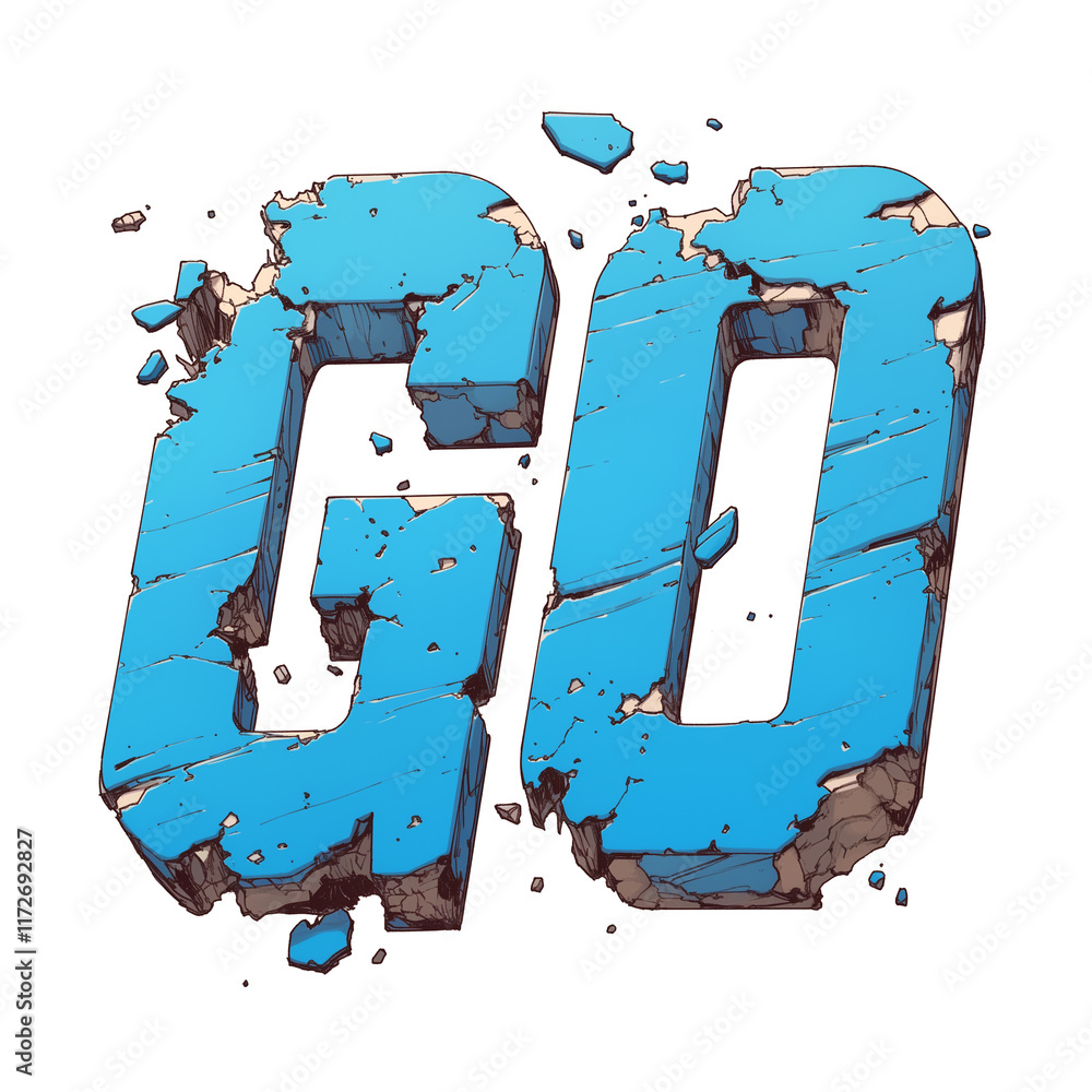 Poster bold blue go text with cracked and weathered texture, giving dynamic and energetic feel, isolated on