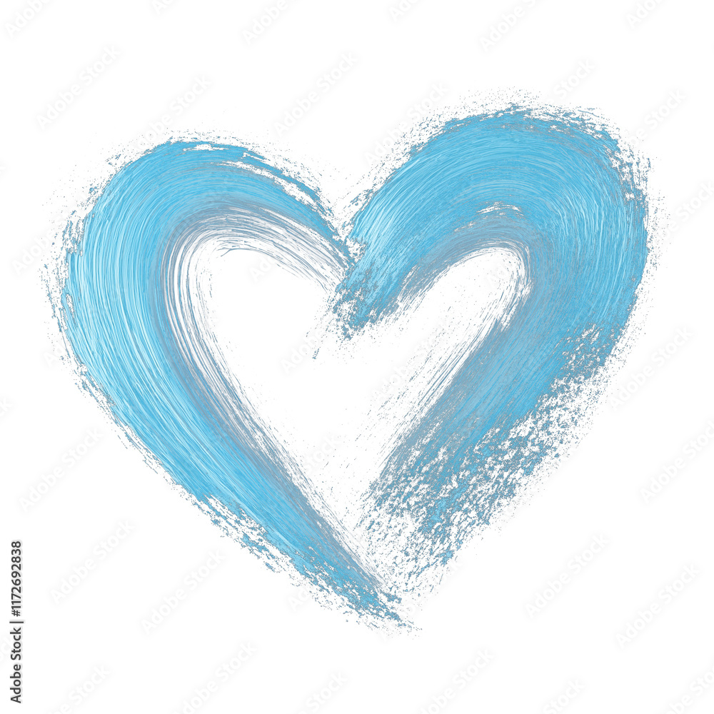 Poster blue heart with textured gradient brush effect, isolated on transparency background, creating bold and artistic design
