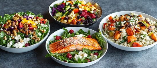 Four healthy bowls with salmon, fruit, vegetables.