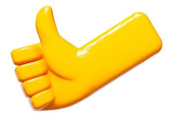 bright yellow thumbs up icon with glossy, textured surface, isolated on transparency background, symbolizing approval or positivity
