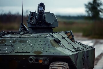 Military armored vehicle on display in a training area during overcast conditions
