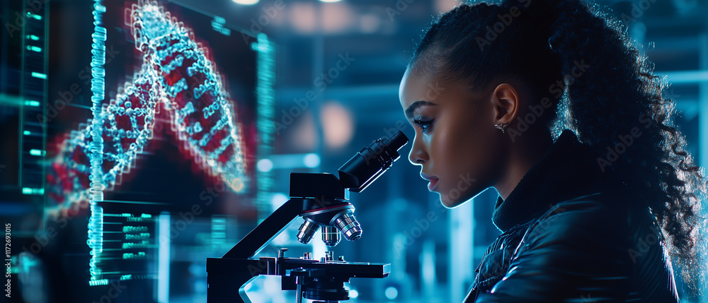 Poster close up of focused female scientist using microscope in modern laboratory, with digital dna model d