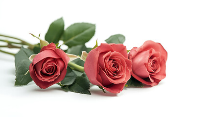 Three salmon pink roses laying flat against a white background, with their green stems and leaves
