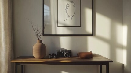 Sunlit minimalist interior with artwork, vase, and cameras on wooden table.