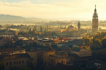 Obraz premium Sunrise over historic cityscape showcasing towers and rooftops in a misty landscape