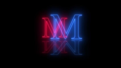 3d M letter neon blue red flicker and flashes in black background