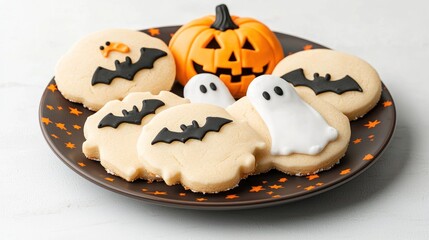 Halloween-themed cookies with bats and ghosts, alongside a pumpkin.