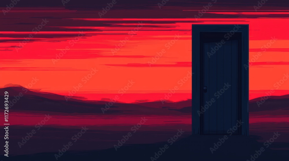 Poster dynamic scene of an attempted breakthrough through an open door against a fiery sunset background