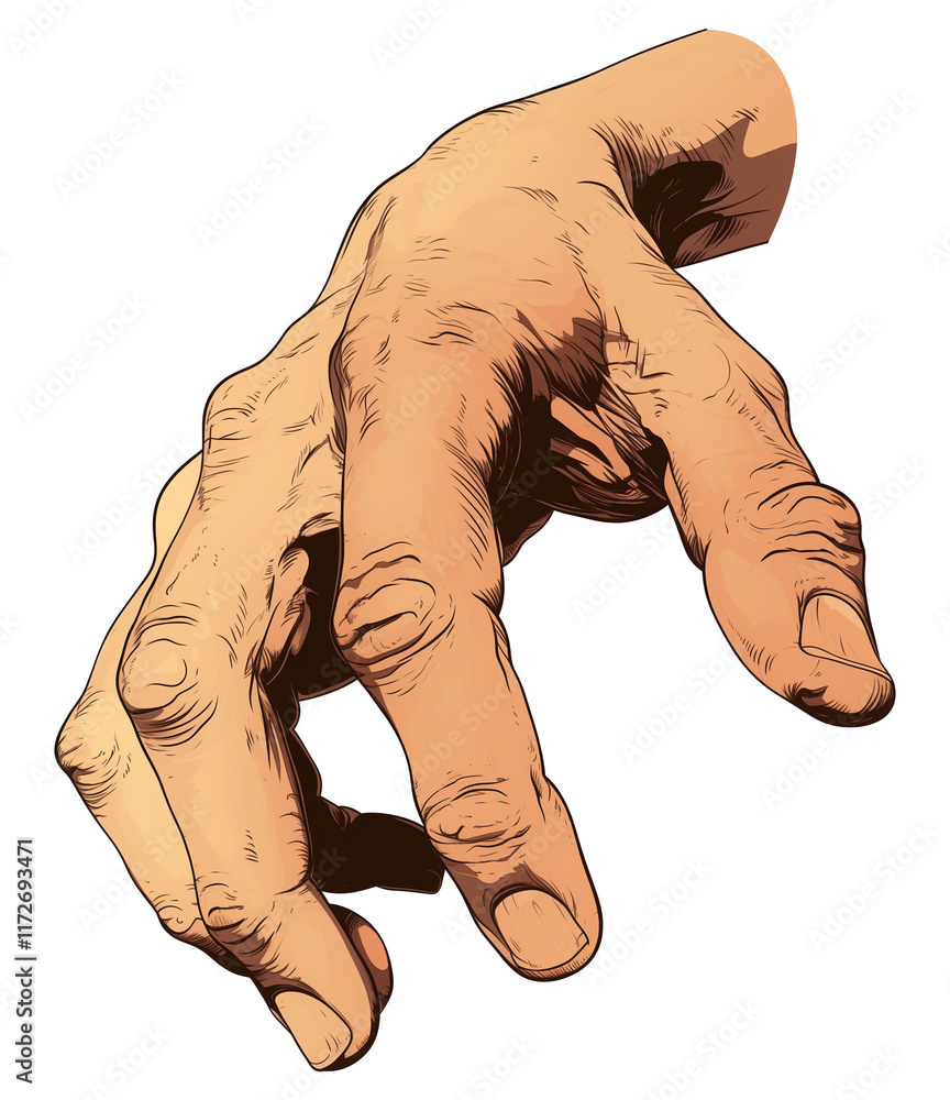 Poster detailed illustration of human hand with natural skin tone, showing intricate lines and textures, is