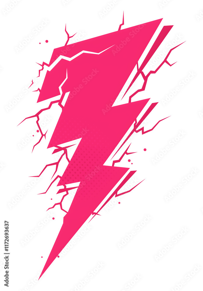 Poster pink electric bolt symbol with jagged edges and crackling details on transparency background, repres