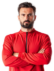 Obraz premium determined man in red sports jacket with arms crossed, expressing focus and readiness, isolated on transparency background