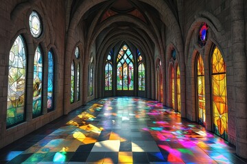 Fototapeta premium Stunning stained glass windows cast colorful reflections in a medieval-style hall during the afternoon light