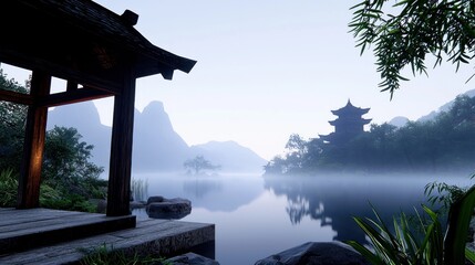 Serene landscape with a pagoda by a misty lake at dawn.