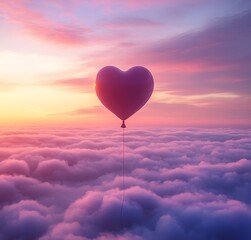 Obraz premium Heart-Shaped Balloon Floating Above Clouds at Sunset, Dreamy Pink and Purple Hues, Ethereal Landscape, Romantic and Surreal Love Symbol in Golden Hour Glow
