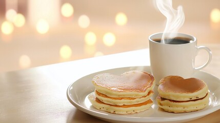 Heart-shaped pancakes with a cup of steaming coffee.