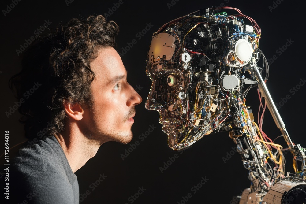 Poster man interacts with robotic head showcasing advanced technology in a studio setting